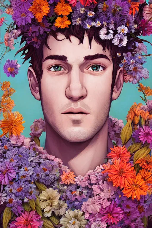 Prompt: a ultradetailed painting of a man with flowers in his hair, a vivid color hue character portrait by jeffrey smith, trending on cgsociety, fantasy art, made of flowers, ilya kuvshinov, deviantart hd