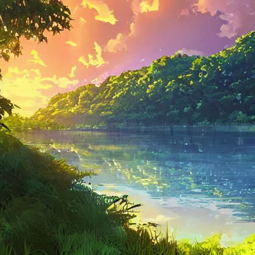 Prompt: A lake in the middle of a rainforest, vines hanging over the water, golden hour, vibrant, sunbeams, stunning lighting, art by Makoto Shinkai