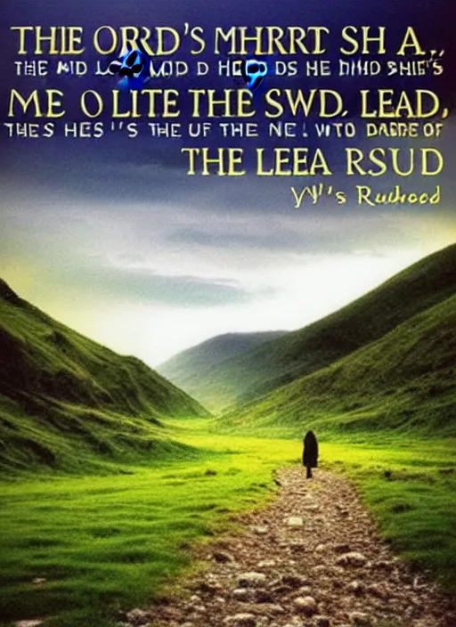 Image similar to The Lord is my shepherd; I shall not want. He maketh me to lie down in green pastures: he leadeth me beside the still waters. He restoreth my soul: he leadeth me in the paths of righteousness for his name's sake. Yea, though I walk through the valley of the shadow of death, I will fear no evil: for thou art with me; thy rod and thy staff they comfort me. Thou preparest a table before me in the presence of mine enemies: thou anointest my head with oil; my cup runneth over. Surely goodness and mercy shall follow me all the days of my life: and I will dwell in the house of the Lord for ever. edge to edge, 8k