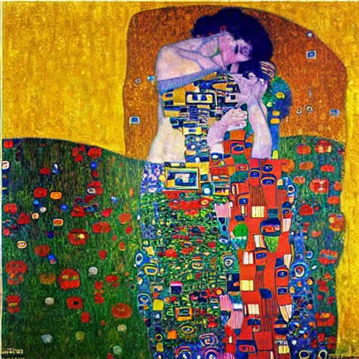 Prompt: by gustav klimt natural. a beautiful street art of a space battle with wild, bright colors.