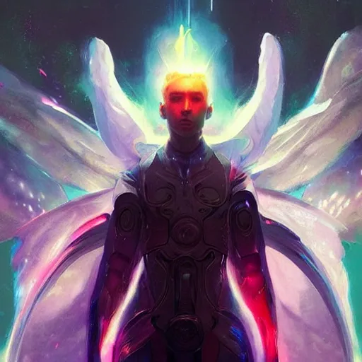 Prompt: portrait of a beautiful force of the good light seraphim male futuristic angel, volume lighting, concept art, by greg rutkowski!!, colorful, xray melting colors!!