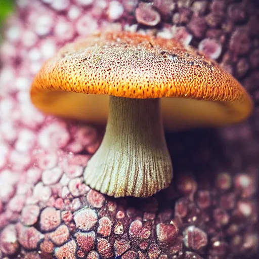 Image similar to macro photo with a mushroom with cute eyes, drawn in detail