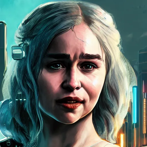 Image similar to Beautiful portrait of Emilia Clarke smiling warmly in Cyberpunk 2077 video game, concept art, poster, detailed, artstation