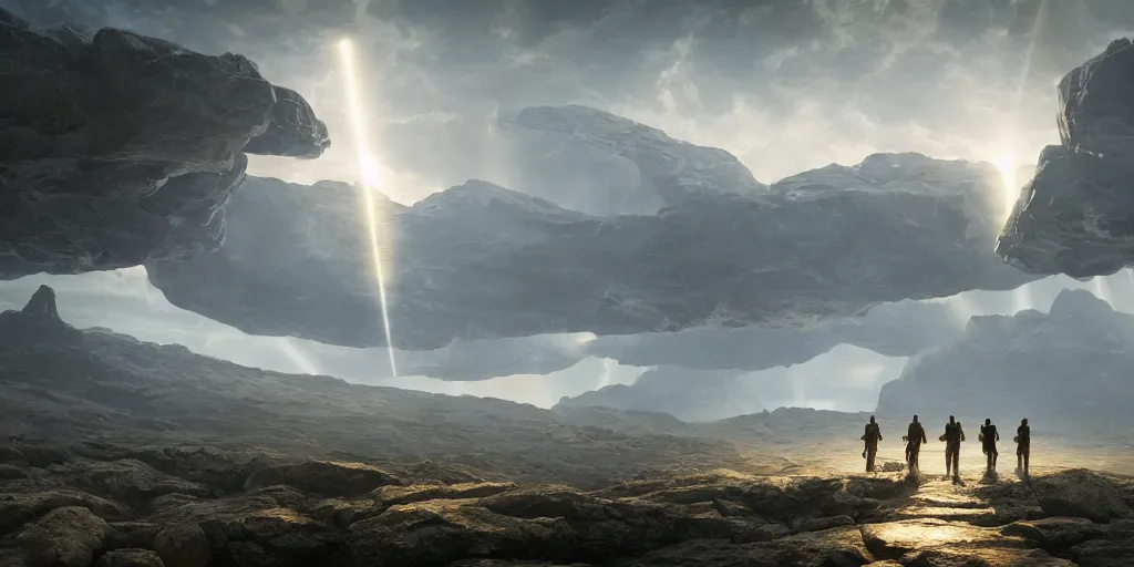 Image similar to ancient alien portal, crowd of androids, beams of light from sky, matte painting, dreamscape, global illumination, the great beyond, trending on artstation, highly detailed