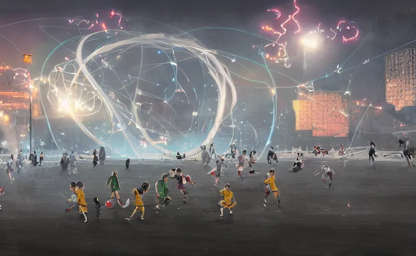 Image similar to young boys playing football and a spiral - shaped white luminous attractor is floating on the horizon in soviet city, concept art, art for the game, professional lighting, art by jehronym bosch