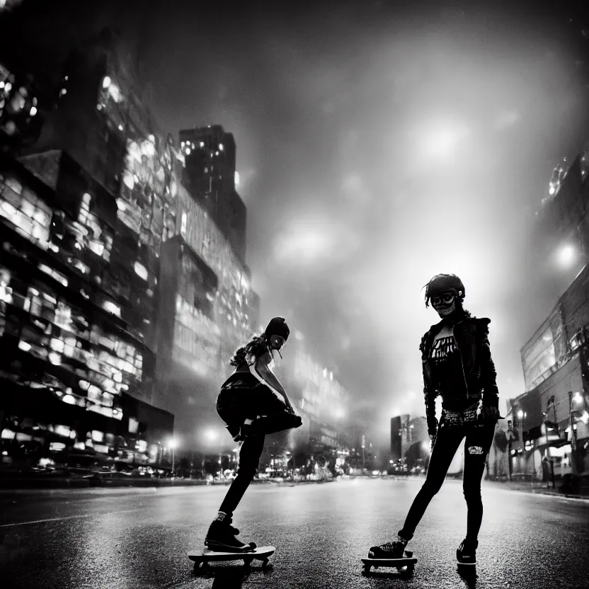 Prompt: punk girl skateboarding in the city, backlit cyberpunk buildings, wet roads at night reflecting the lights from buildings, dust, fog, cloudy night sky, dslr, 4 k, fisheye