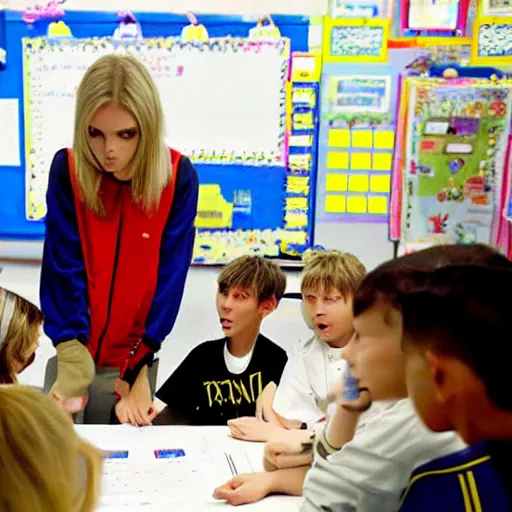 Image similar to 2000s photograph of Swedish rapper and singer Bladee teaching advance trigonometry to a group of 5 year old children in an elementary school-W 910