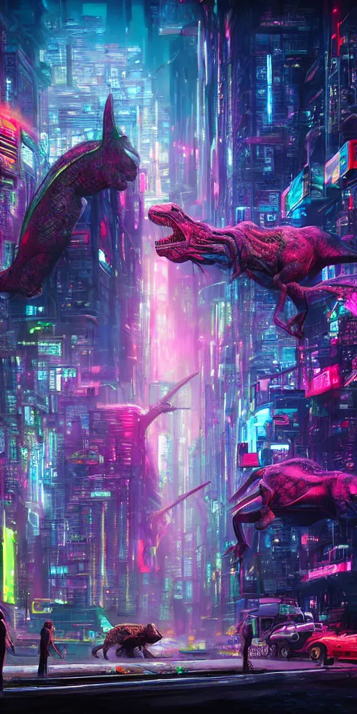 Image similar to a beautiful painting of a lush cyberpunk city with a single dinosaur grazing in the foreground by ridley scott, vivid colours, cinematic lighting, fine details, 8 k | | digital artwork made by greg rutswork, anna dittmann and lois van barlee, symmetrical neon rim light, anatomically correct