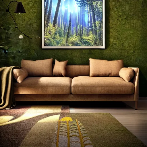 Image similar to sofa couch surrounded by forest landscape with outer space sky photo realism ultra detailed digital art, irina french, heraldo ortega, mandy jurgens, golden ratio, art canvas, award winning, masterpiece trending on artstation 8 k 1 5 0 mpx