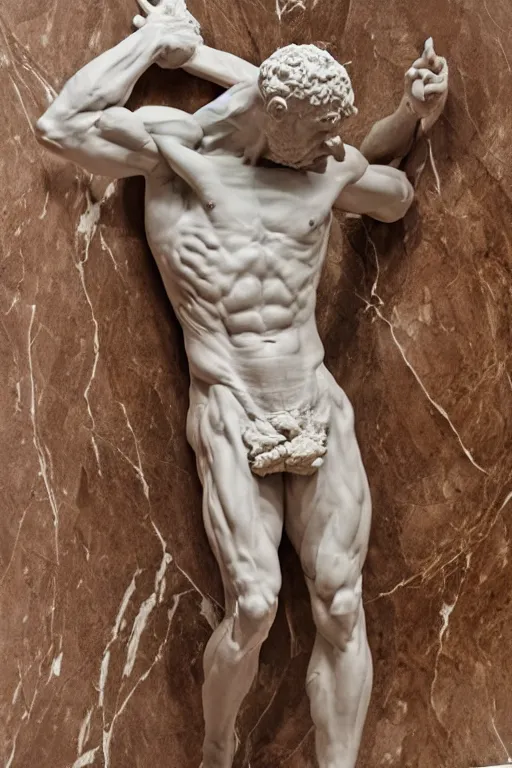 Image similar to epic and dramatic view of unfinished man sculpting himself statue made in tannish polished marble, realistic and ultra detailed by bernini, 8 k