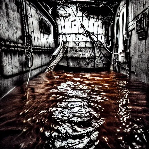 Image similar to the interior of a partially flooded rusty shipwreck, dark, scary lighting, scary, creepy, eerie, horror, submechanophobia, water ripples, photo,