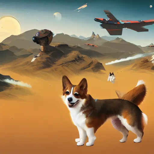 Prompt: Corgis in no man's sky, 4k, digital art, concept art