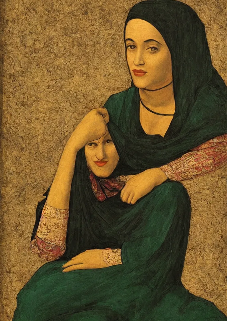 Image similar to a portrait of an arab muslim woman from the fifties, seated in front of a landscape background, her black hair is a long curly, she wears a dark green dress pleated in the front with yellow sleeves, puts her right hand on her left hand, in style of leonardo da vinci