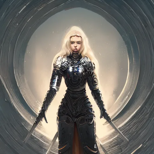 Prompt: full body portrait of a blonde female wearing knight armor, an ultrafine hyperdetailed illustration by tooth wu and wlop and beeple and greg rutkowski, trending on artstation, highly detailed, 4 k, 8 k