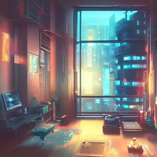 Image similar to the cyberpunk apartment, render, octane, 4k, highly detailed, vivid colors, high definition, by Makoto Shinkai