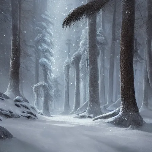 Image similar to a painting of a forest with lots of snow flakes, a detailed matte painting by shin yun - bok, cgsociety contest winner, fantasy art, bioluminescence, speedpainting, concept art