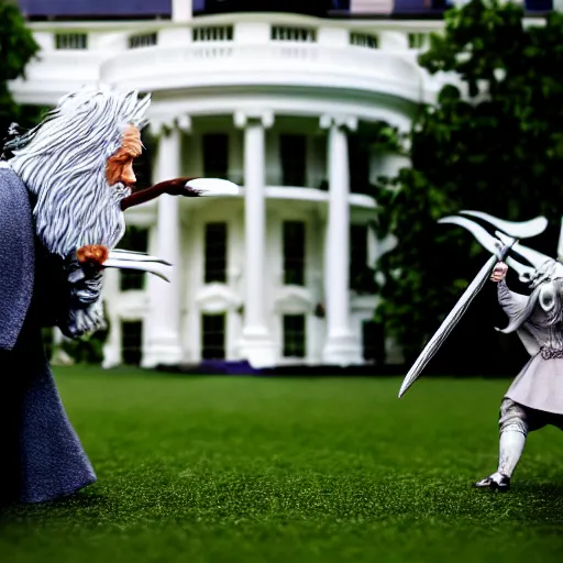 Image similar to gandalf attacks the white house, videogame still, portrait, 4 0 mm lens, shallow depth of field, close up, split lighting, cinematic