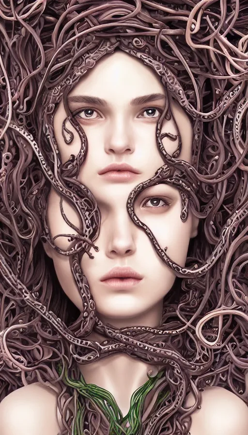 Image similar to very detailed portrait of a 2 0 years old girl surrounded by tentacles, the youg woman visage is blooming from fractal and vines, by cgsociety