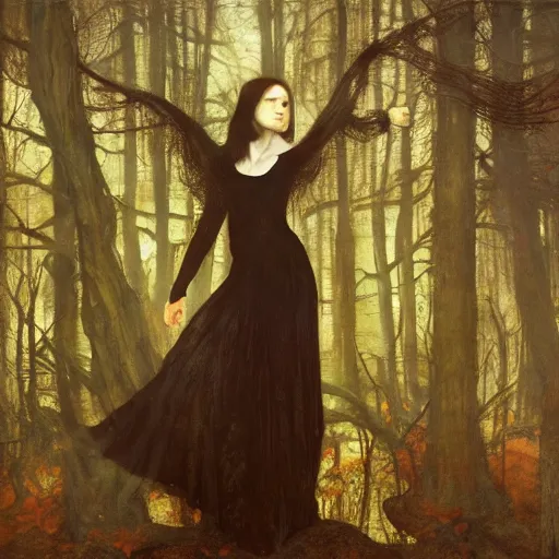 Image similar to the witch standing in the haunted forest | highly detailed oil painting, hyperrealistic, very intrincate | cinematic lighting, award - winning | by roberto ferri, gustav klimt, william waterhouse and tom bagshaw | by austin osman spare and william blake, trending on artstation, cgsociety, official art, octane.