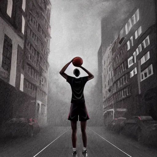 Image similar to tall woman playing basketball, city in background, moody atmosphere, digital art, highly detailed, high contrast, beautiful lighting, award winning, trending on art station, photorealistic, 8 k,
