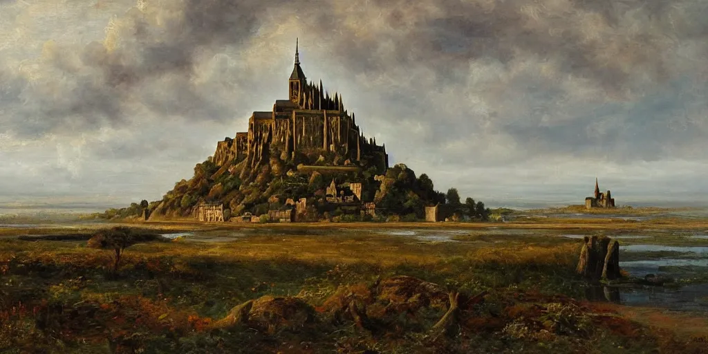 Image similar to masterpiece oil painting portraying mont saint michel in the style of romanticism landscape painters with a tree on the foreground,beautiful,misty,evocative