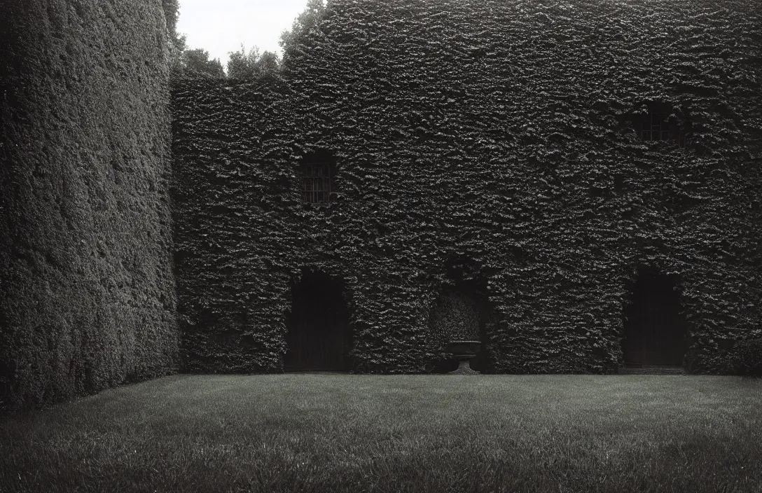 Prompt: sequestered corner of a garden within a castle walls line density is used for rendering light and shadow. forms exist in three dimensions, with height, width, and depth. intact flawless ambrotype from 4 k criterion collection remastered cinematography gory horror film, ominous lighting, evil theme wow photo realistic postprocessing excommunication directed by kurosawa