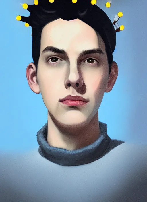 Image similar to portrait of teenage jughead jones wearing a light grey crown, crown, blue turtleneck, 1 9 5 0 s, closed eyes, photorealistic, black hair, glowing lighting, intricate, elegant, glowing lights, highly detailed, digital painting, artstation, concept art, smooth, sharp focus, illustration, art by wlop, mars ravelo and greg rutkowski