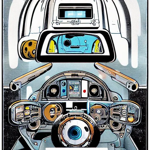 Prompt: “cutaway illustration of an android head, revealing inside is an small anthropomorphic rat sat in a pilots seat, operating levers and joysticks. Pulp sci-fi magazine cover illustration”