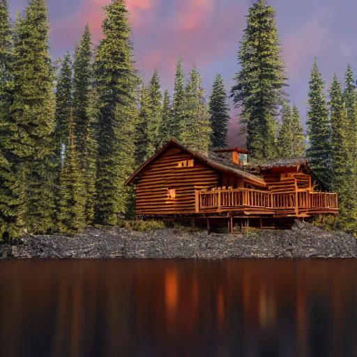 Prompt: Lodge in the Pacific Northwest forest, incredibly detailed, rendered in octane, river, sunset