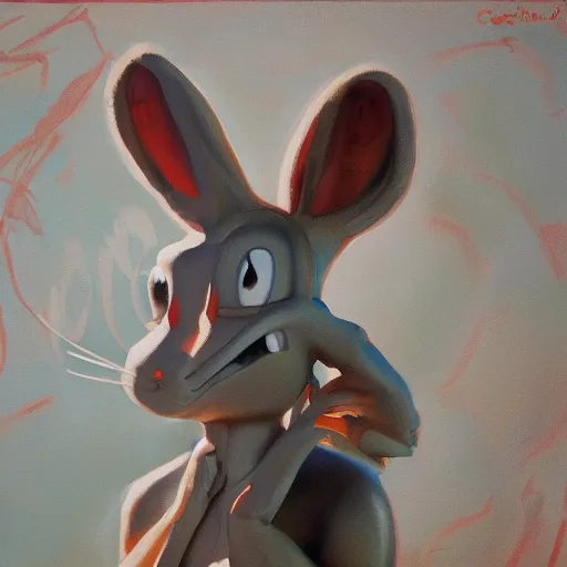 Image similar to an oil painting of bugs bunny by craig mullins ; anatomically correct