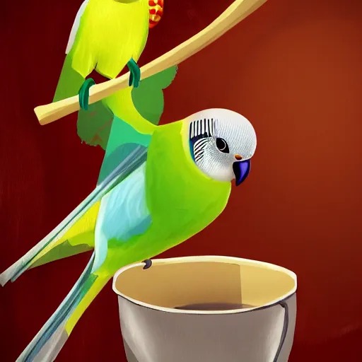 Image similar to fantasy painting of a budgie holsing a cup of tea, award winning, stylized, artstation, hd