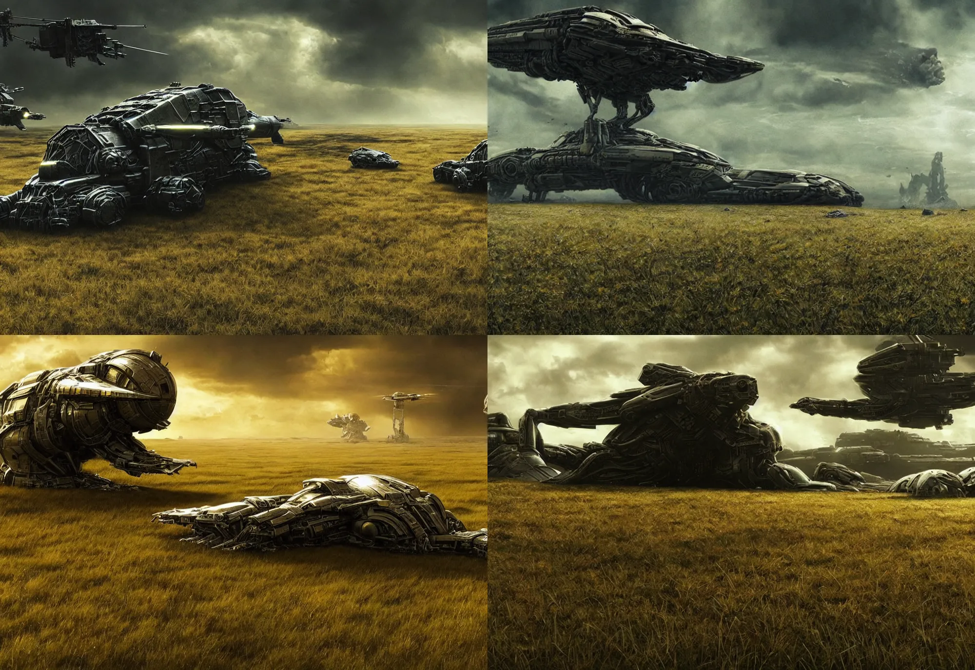 Prompt: neil blomkamp film landscape, hyper realistic, cinematic, perfect composition, golden ratio, extreamly detailed, detailed grass, detailed crash space ship