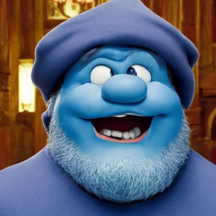 Image similar to jack black as papa smurf live action movie, 8 k,