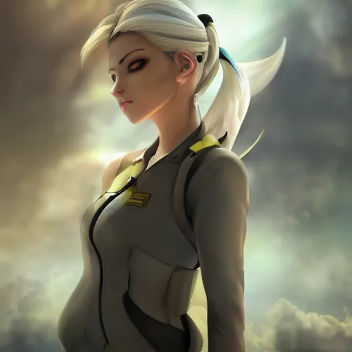 Image similar to a masterpiece portrait photo of a beautiful young woman who looks like a mercy from overwatch, random background scene