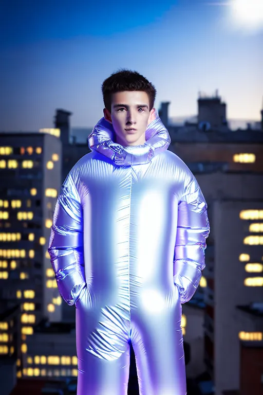 Image similar to un ultra high definition studio quality photographic art portrait of a young man standing on the rooftop of a british apartment building wearing soft baggy inflatable padded silver iridescent pearlescent clothing. three point light. extremely detailed. golden ratio, ray tracing, volumetric light, shallow depth of field. set dressed.