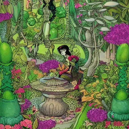 Image similar to intricate detailed Garden, Green Witch Walking her Garden, magical garden plant creatures, enchanted, life like plants, In style of 1992 X-Men: The Animated Series, high detail