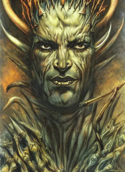 Image similar to portrait of grizzled male god of the damned, black iron crown, claw scars, strong line, deep color, forest, beautiful! coherent! by boris vallejo, by brian froud