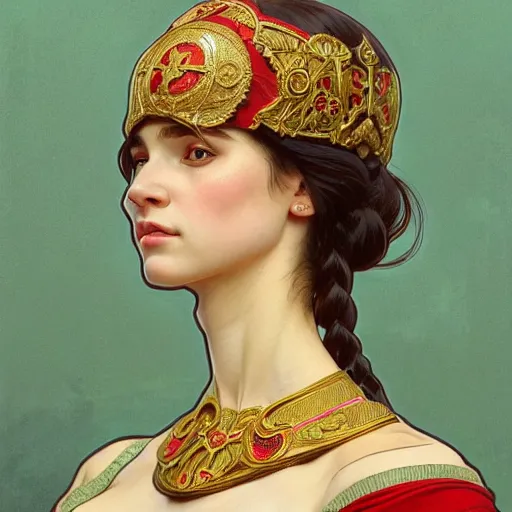 Image similar to a portrait of a female, upper half portrait, decorated with soviet motifs, russian soviet motifs, soviet, traditional russia, intricate, elegant, highly detailed, symmetry, headpiece, digital painting, artstation concept art smooth sharp focus, illustration, art by artgerm and greg rutkowski alphonse mucha 8 k