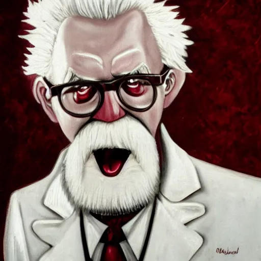 Image similar to deranged and angry colonel sanders, portrait, intense emotion, high detail,