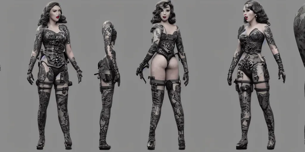 Image similar to scarlett johansson as an armored tattooed pinup rockabilly warrior, character sheet, concept design, contrast, hot toys, 3 d print, kim jung gi, greg rutkowski, zabrocki, karlkka, jayison devadas, trending on artstation, 8 k, 3 d model, photo, realistic, octane render, ultra wide angle, pincushion lens effect