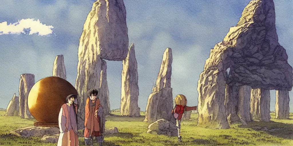 Prompt: a hyperrealist studio ghibli watercolor fantasy concept art of a giant chinese god and a small grey alien in stonehenge in the early morning. a giant gold ufo is floating in the air. by rebecca guay, michael kaluta, charles vess