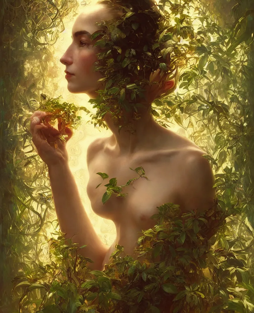 Image similar to hyper realistic photographer looking through a vintage medium format camera, magic pouring from lens, full body pose, design on white background, beautiful details, lush foliage cyberpunk, gold, drawn by john singer sargent, tom bagshaw, norman rockwell, alphonso mucha, lolish, trending on artstation