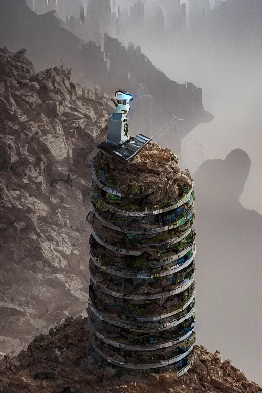 Image similar to vertigo, fear of heights, close up of a robot cat exploring a tall eco living towers in a barren, rocky desert, rocky mountains in background, dust swirling, diffuse lighting, strong imagery, highly detailed, illustration, highly detailed water colour 8 k, cinematic