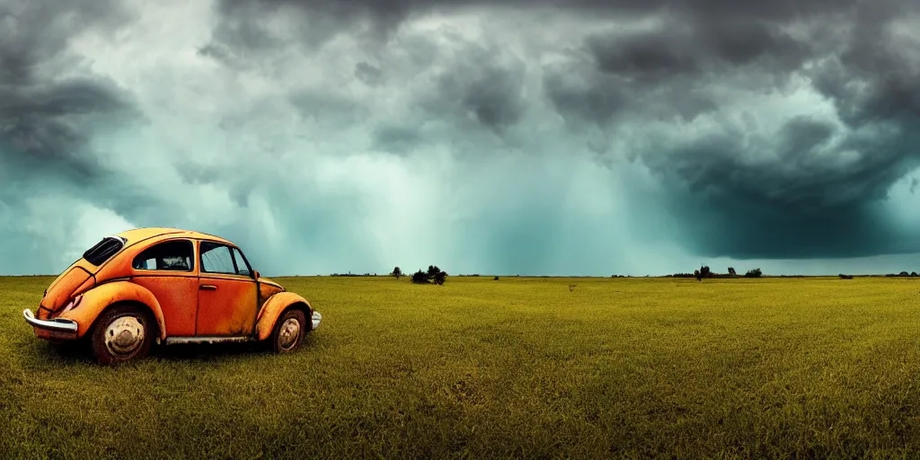 Image similar to a lonely rusty cyan VW Beetle in a vacant field, wide angle, thunderstorm, panorama, detailed digital art