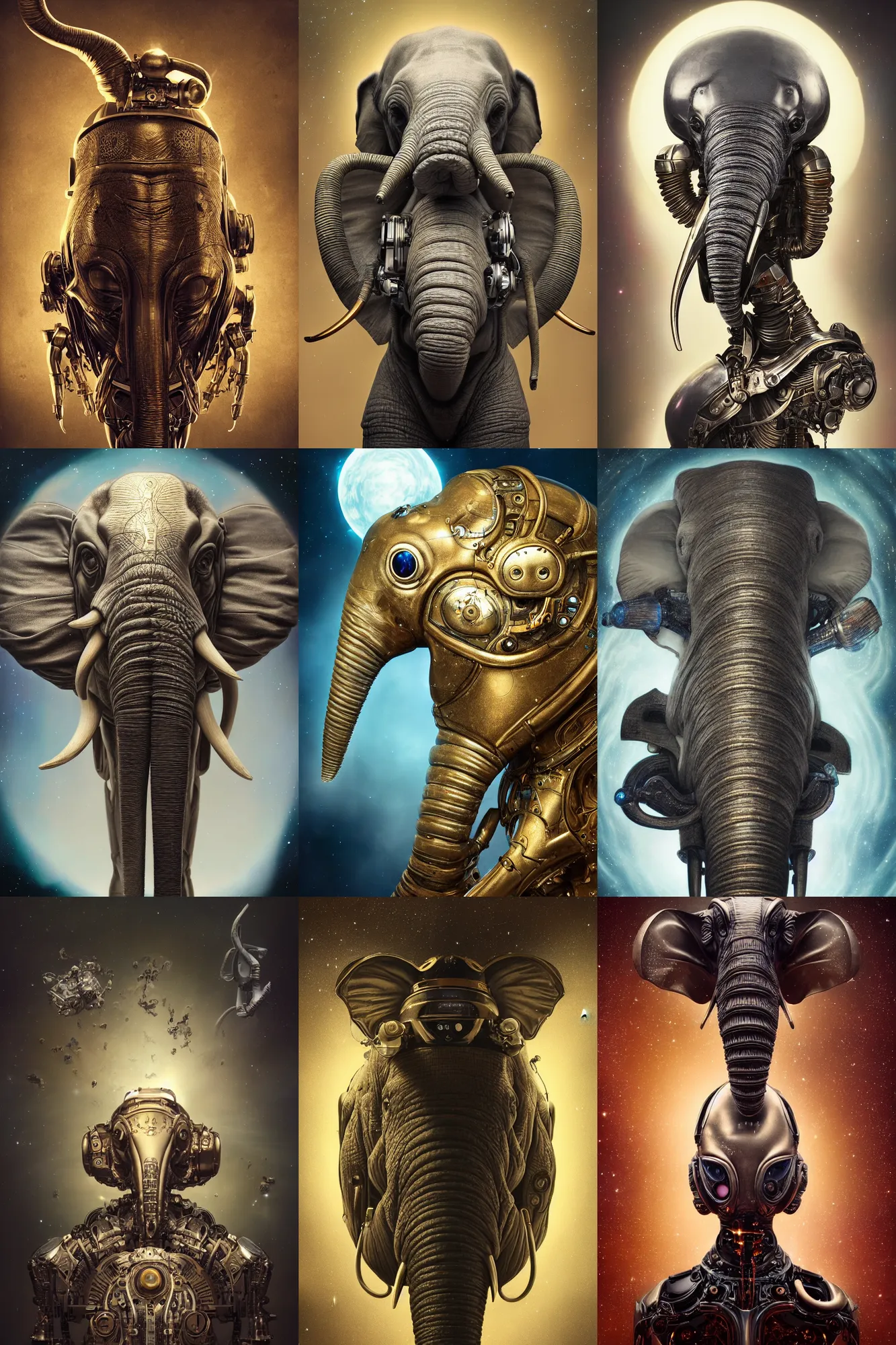 Prompt: a beautiful ultradetailed fine art photo of a futuristic cybernetic cyborg elephant head and trunk against galactic space, by tom bagshaw and natalie shau, portrait, 3 5 mm lens, golden ratio composition, detailed face, studio photography, very detailed, deep depth of field, humanoids, industrial robotic cats, artstation, 8 k, highly coherent