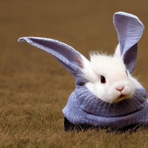 Image similar to A tired cartoon albino rabbit in a sweater.