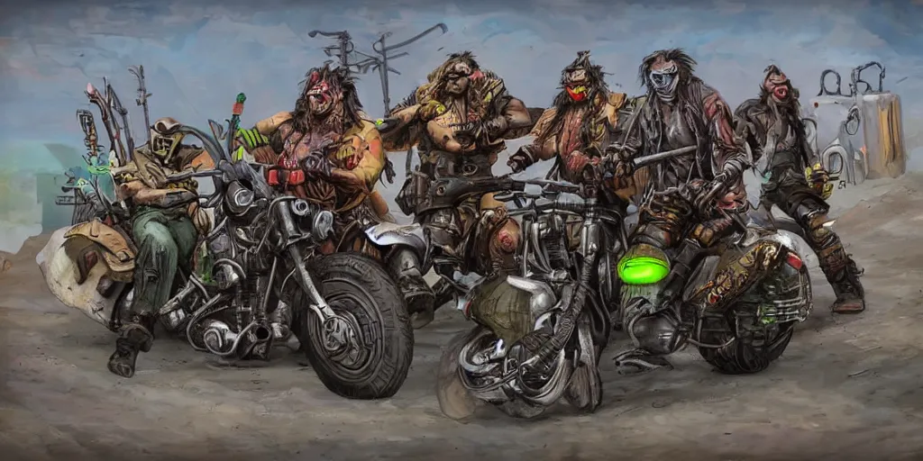 Image similar to colorful post-apocalyptic orcish motorcycle gang, featured on artstation