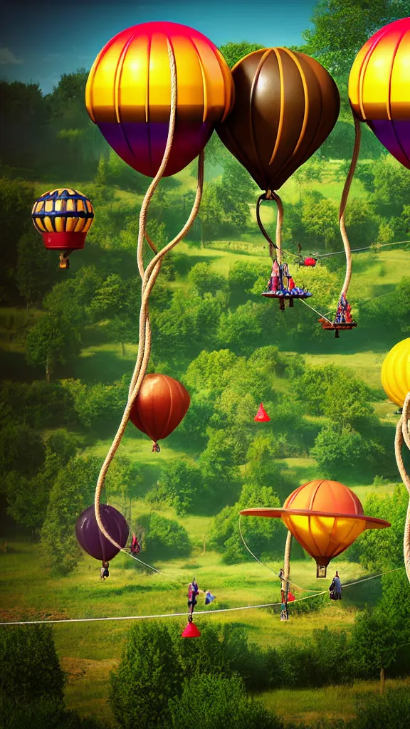 Image similar to large colorful futuristic steampunk balloons with people on rope swings underneath, flying high over the beautiful countryside landscape, professional photography, 8 0 mm telephoto lens, realistic, detailed, digital art, unreal engine