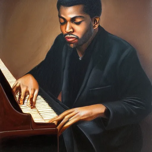 Image similar to 3 0 years old man playing piano, oil painting, front facing, medium dark skin