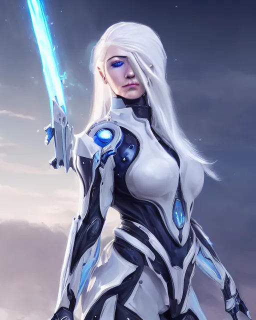 Prompt: perfect white haired girl, warframe armor, beautiful, pretty face, blue eyes, detailed, windy weather, scifi, platform, laboratory, experiment, 4 k, ultra realistic, epic lighting, high detail, masterpiece, by akihito tsukushi, charlie bowater